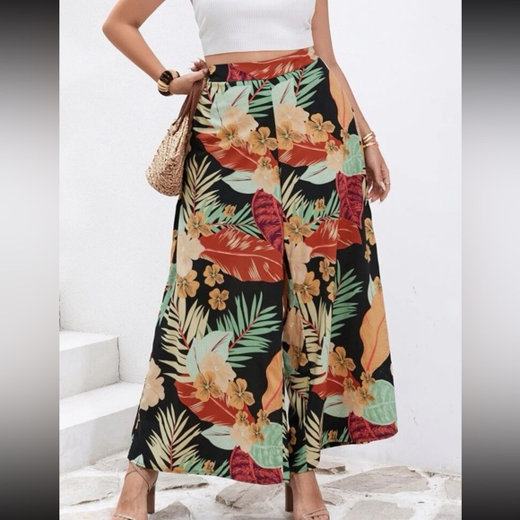 Boho floral leaves tropical print wide leg palazzo pants - Picture 12 of 12